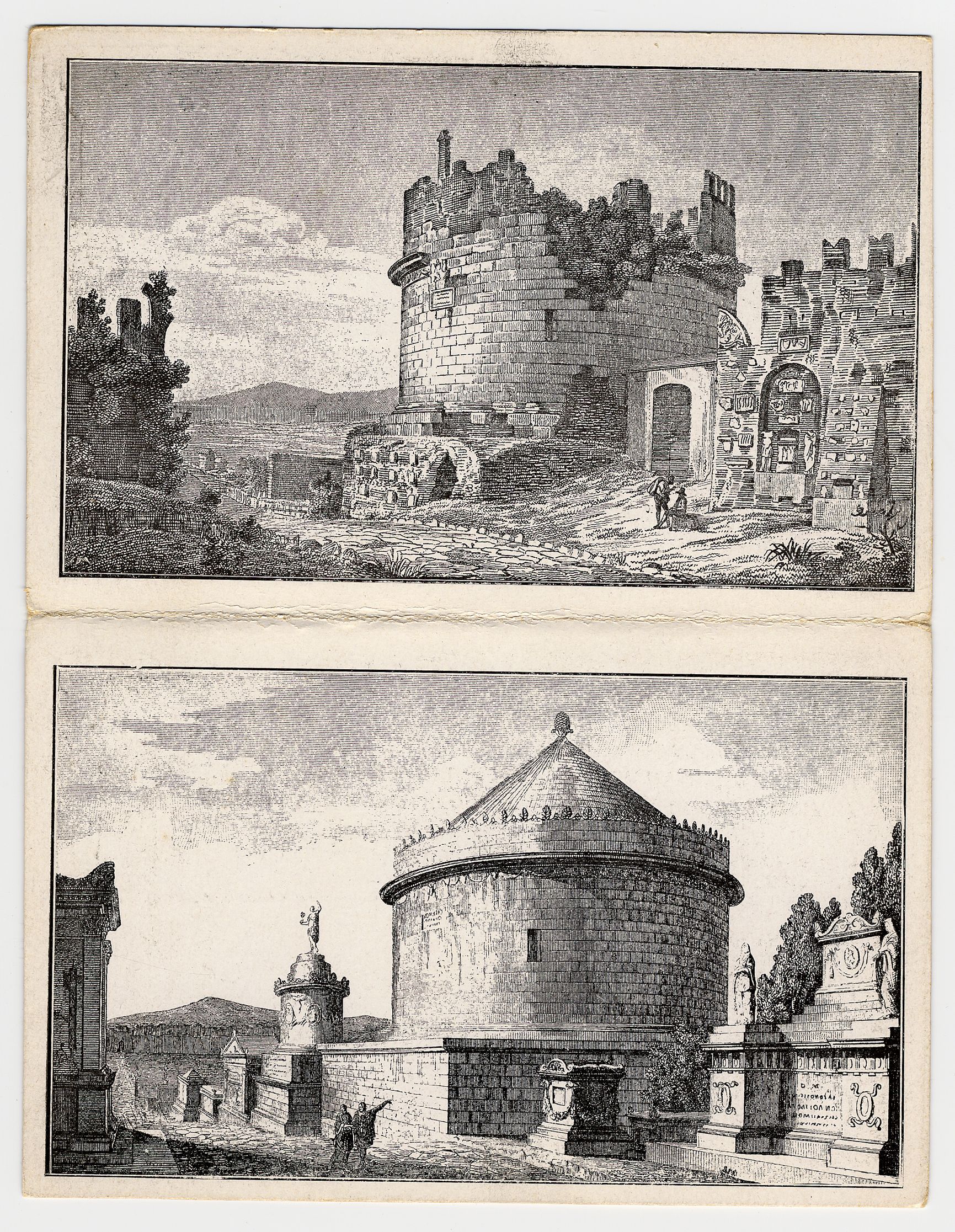 Cartolina con immagine dello stato attuale e della ricostruzione del sepolcro di Cecilia Metella