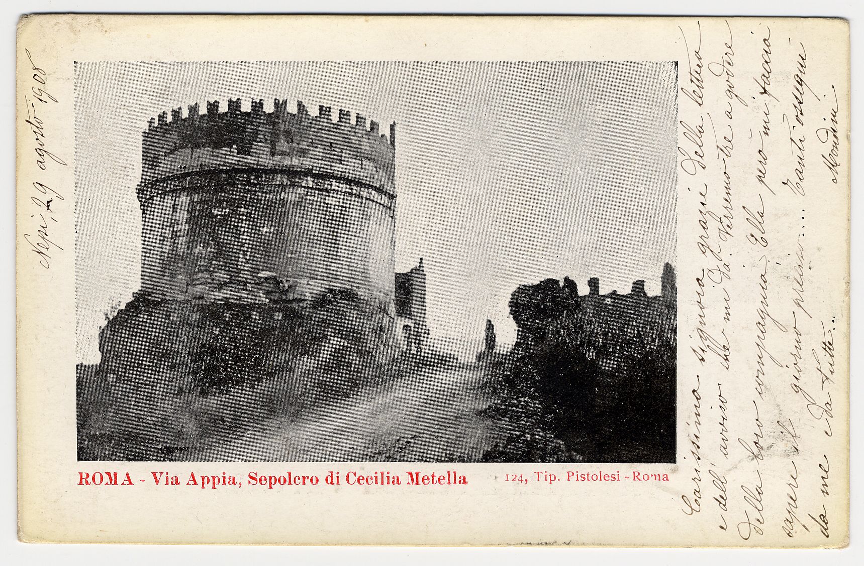 Cartolina con immagine della Tomba di Cecilia Metella e della via Appia Antica