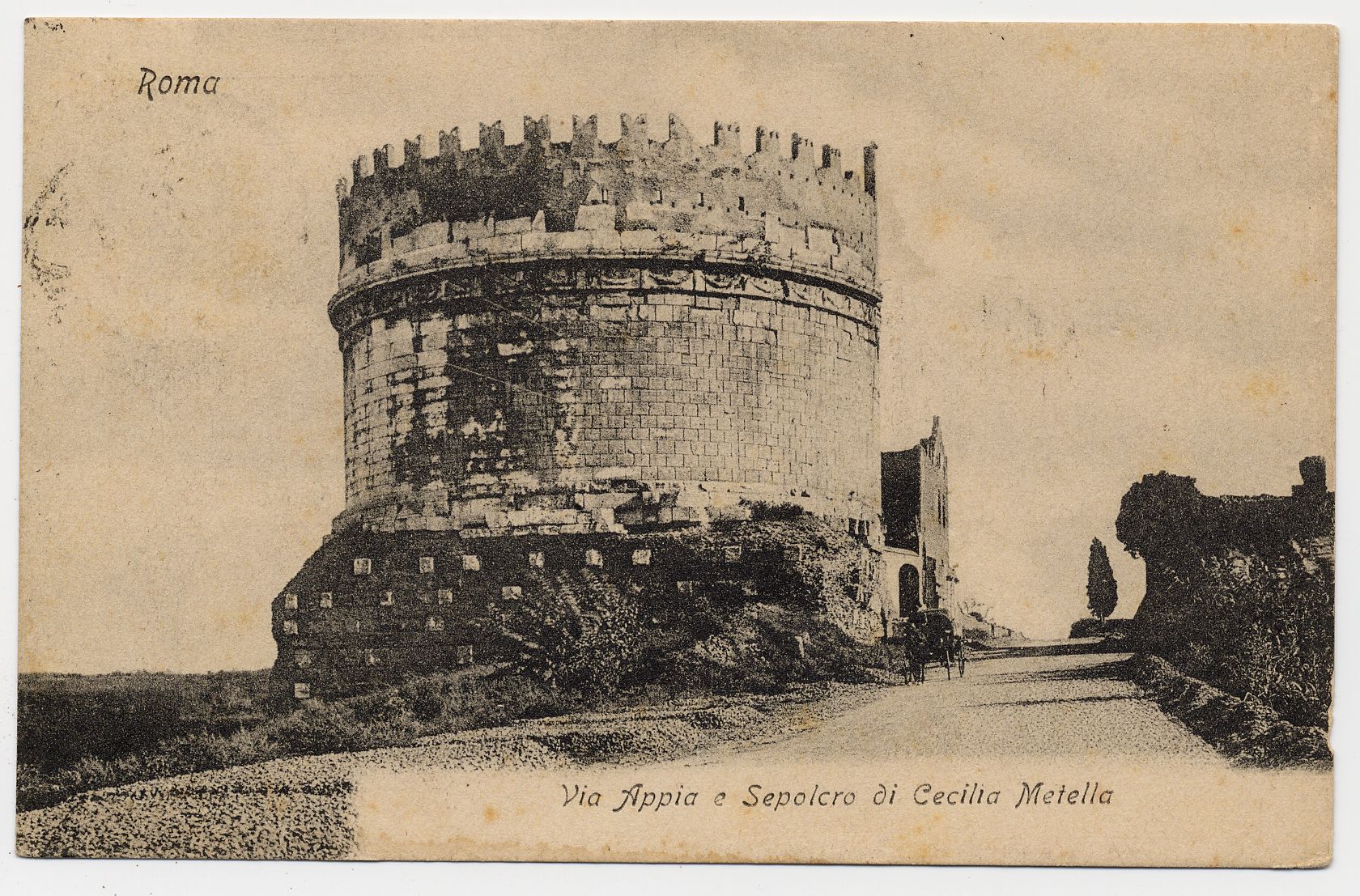 Cartolina con immagine del Sepolcro di Cecilia Metella e della via Appia Antica
