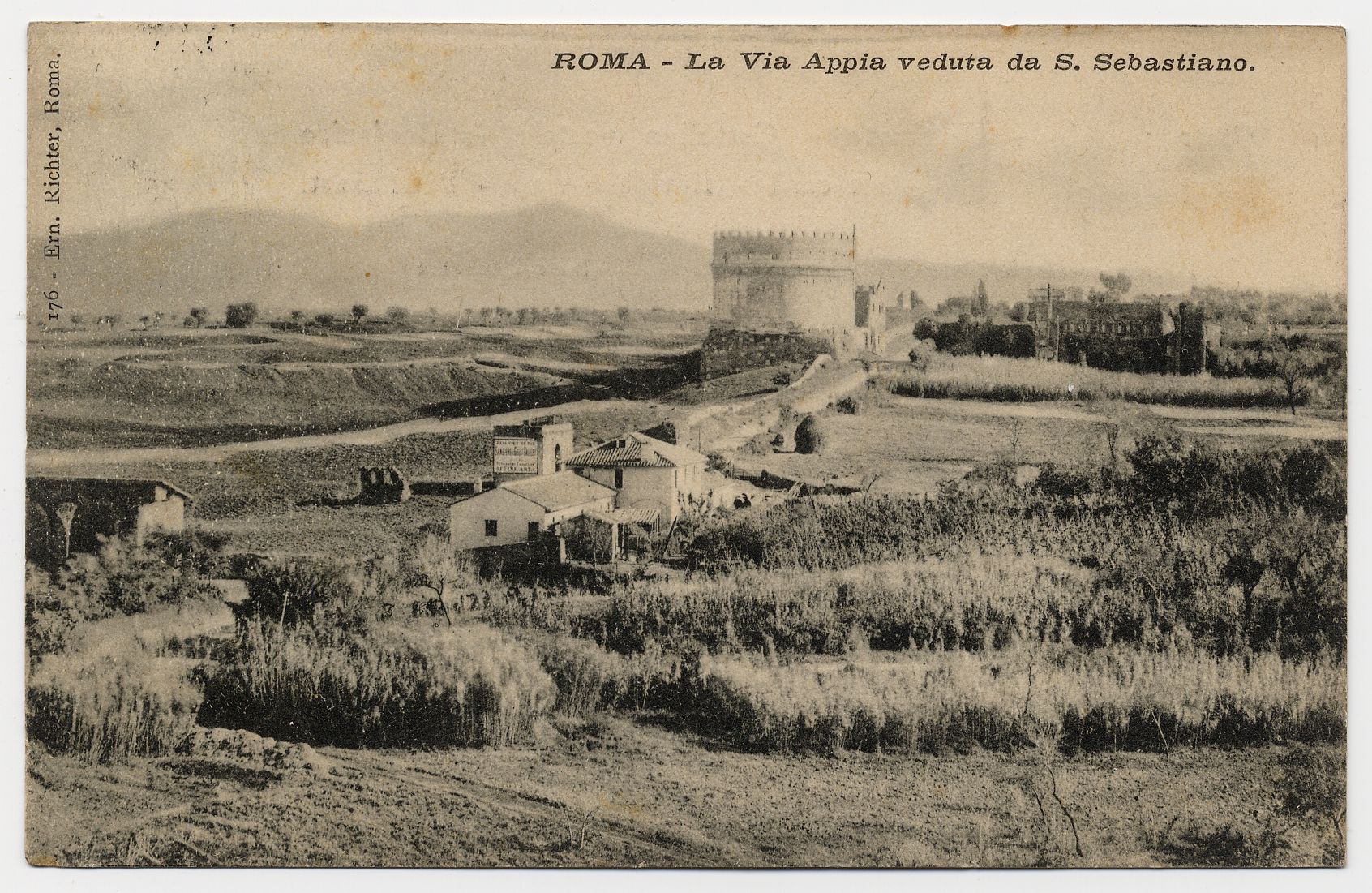 Cartolina con immagine della veduta della via Appia Antica da S. Sebastiano