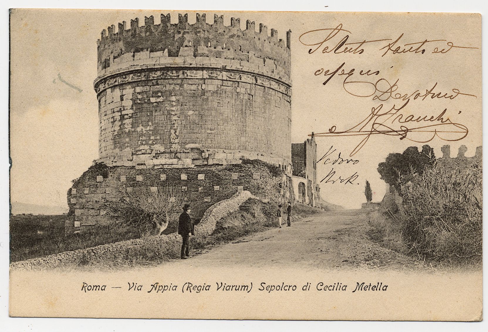 Cartolina con immagine della Tomba di Cecilia Metella e della via Appia Antica