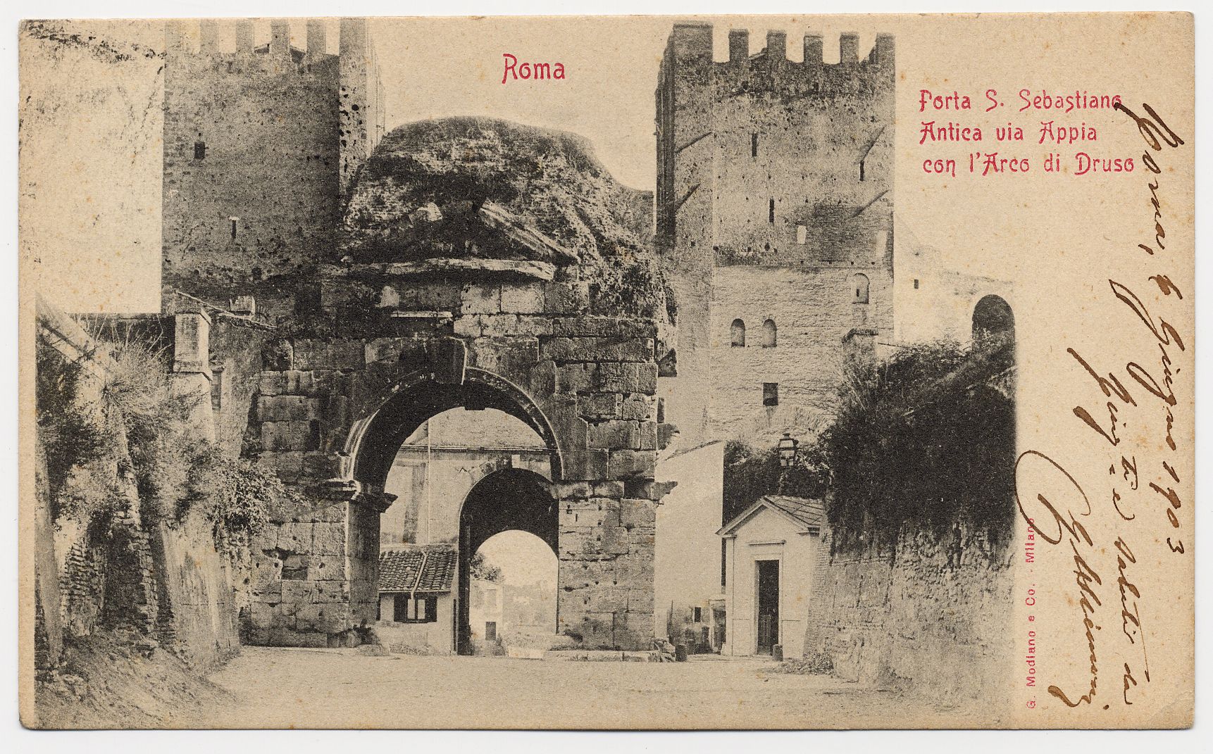 Cartolina con immagine di Porta S. Sebastiano e Arco di Druso