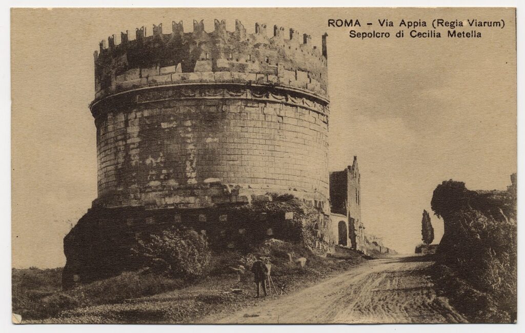 Cartolina con immagine della Tomba di Cecilia Metella e della via Appia Antica